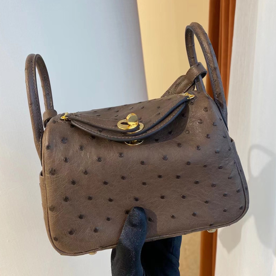 Hermes lindy mini 19cm Ostrich 原廠南非KK鴕鳥皮全手工蜜蠟線縫