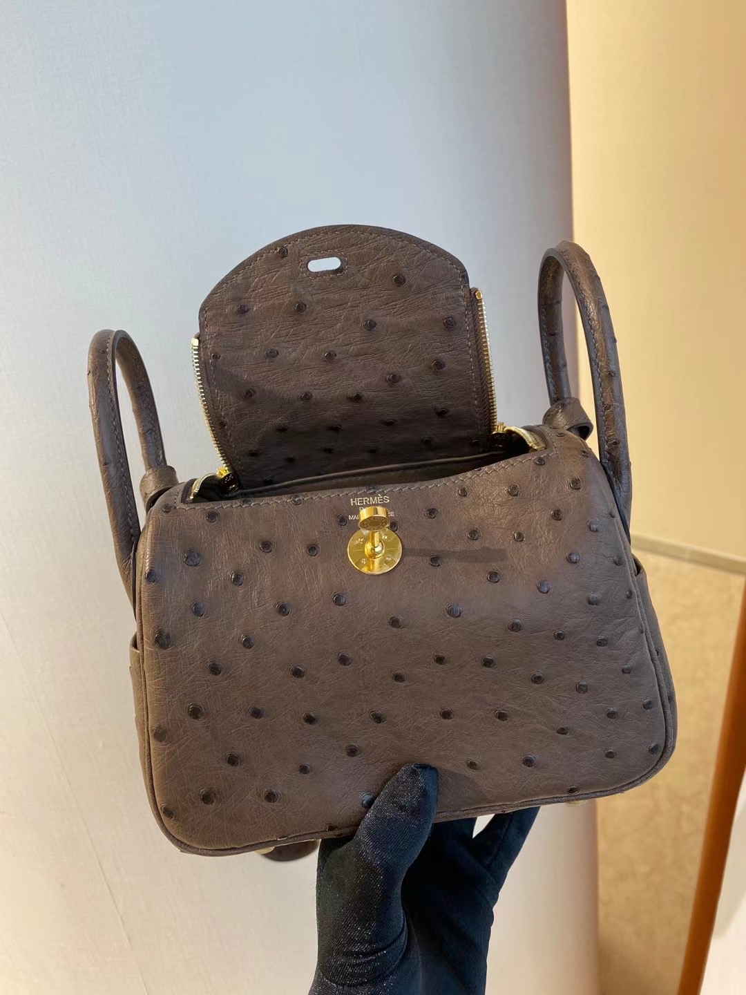 Hermes lindy mini 19cm Ostrich 原廠南非KK鴕鳥皮全手工蜜蠟線縫