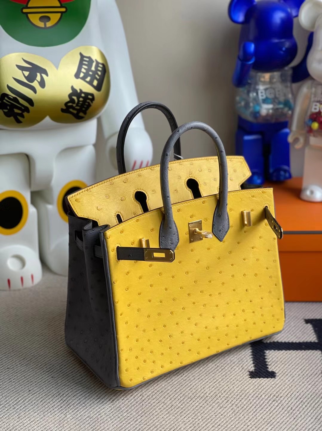 Hermes Birkin 25cm Hss Ostrich 9D Amber 琥珀黃/82 gris agate 瑪瑙灰 原廠南非鴕鳥皮