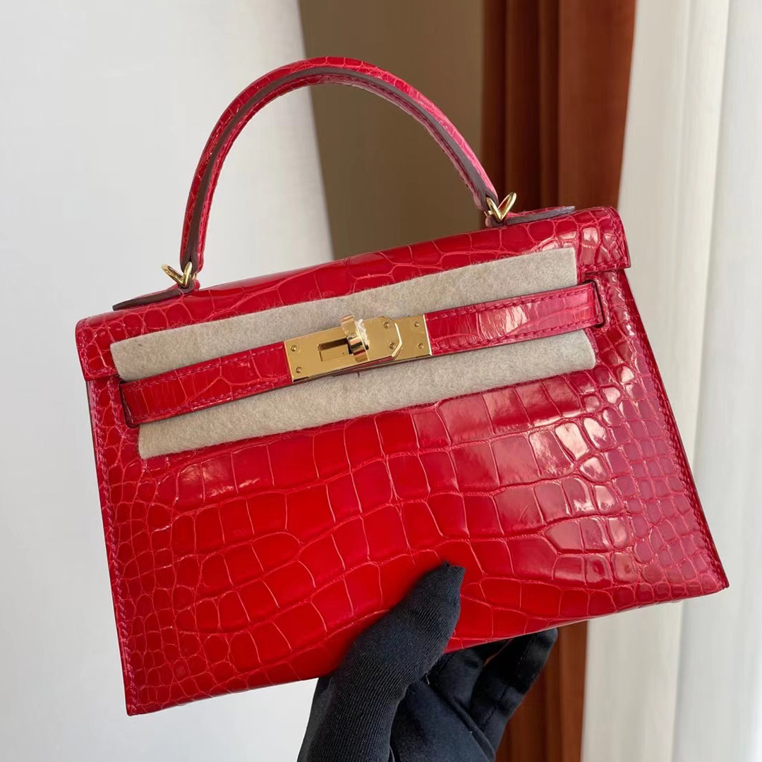 Hermes Kelly Mini II MINI CC95 Braise 法拉利紅亮面方塊 美洲鱷魚