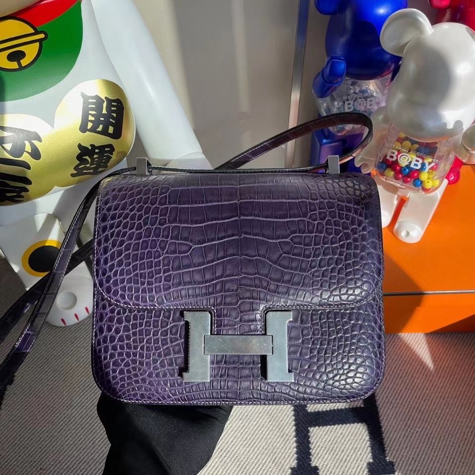 Hermes Constance 24cm 霧面方塊 美洲鱷魚 CC59 Raisin 葡萄紫 銀扣