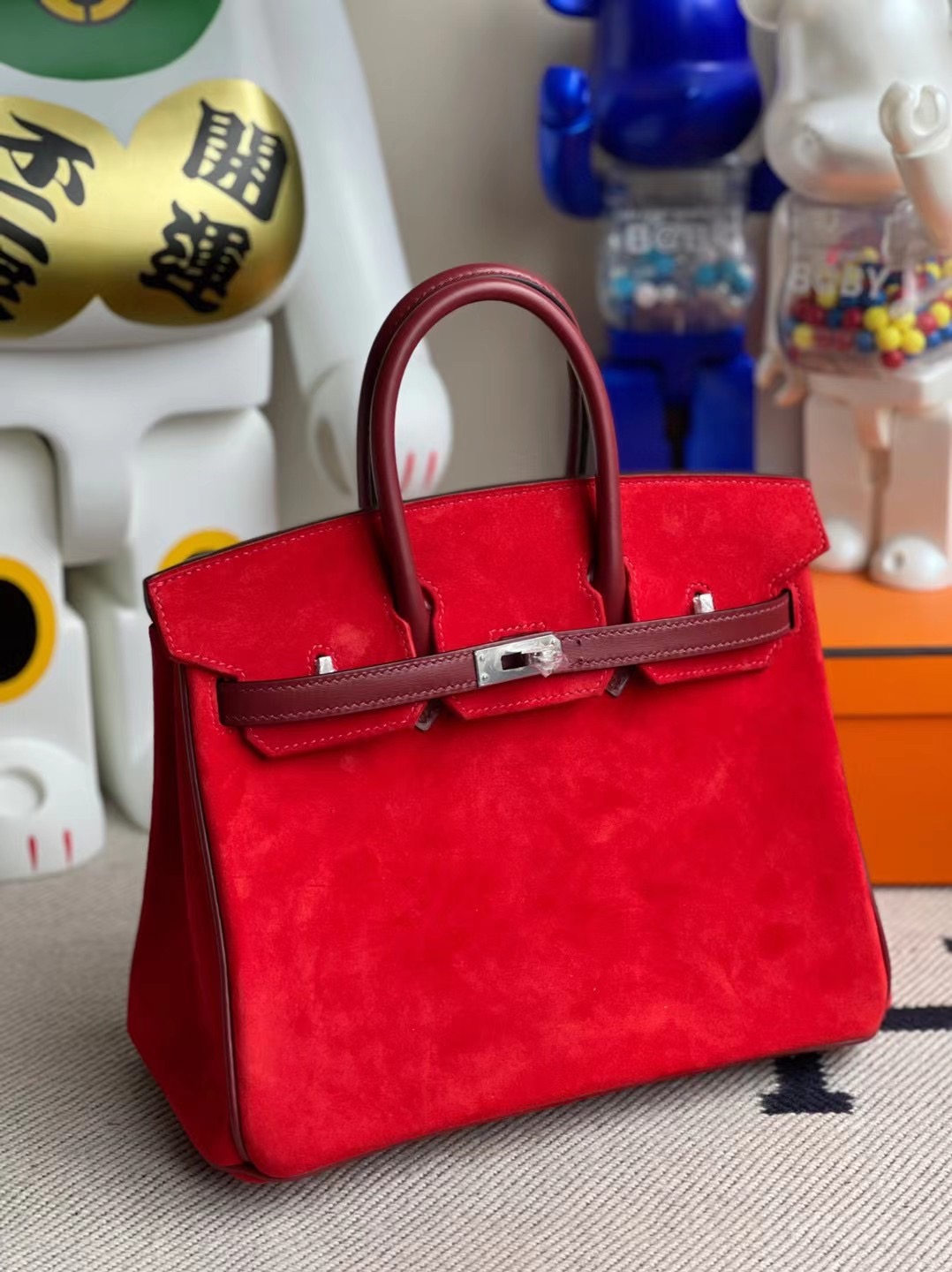 Hermes Birkin 25 Doblis Suede麂皮S3 Rose de course心紅色 拼 box 55 Rouge H 愛馬仕紅