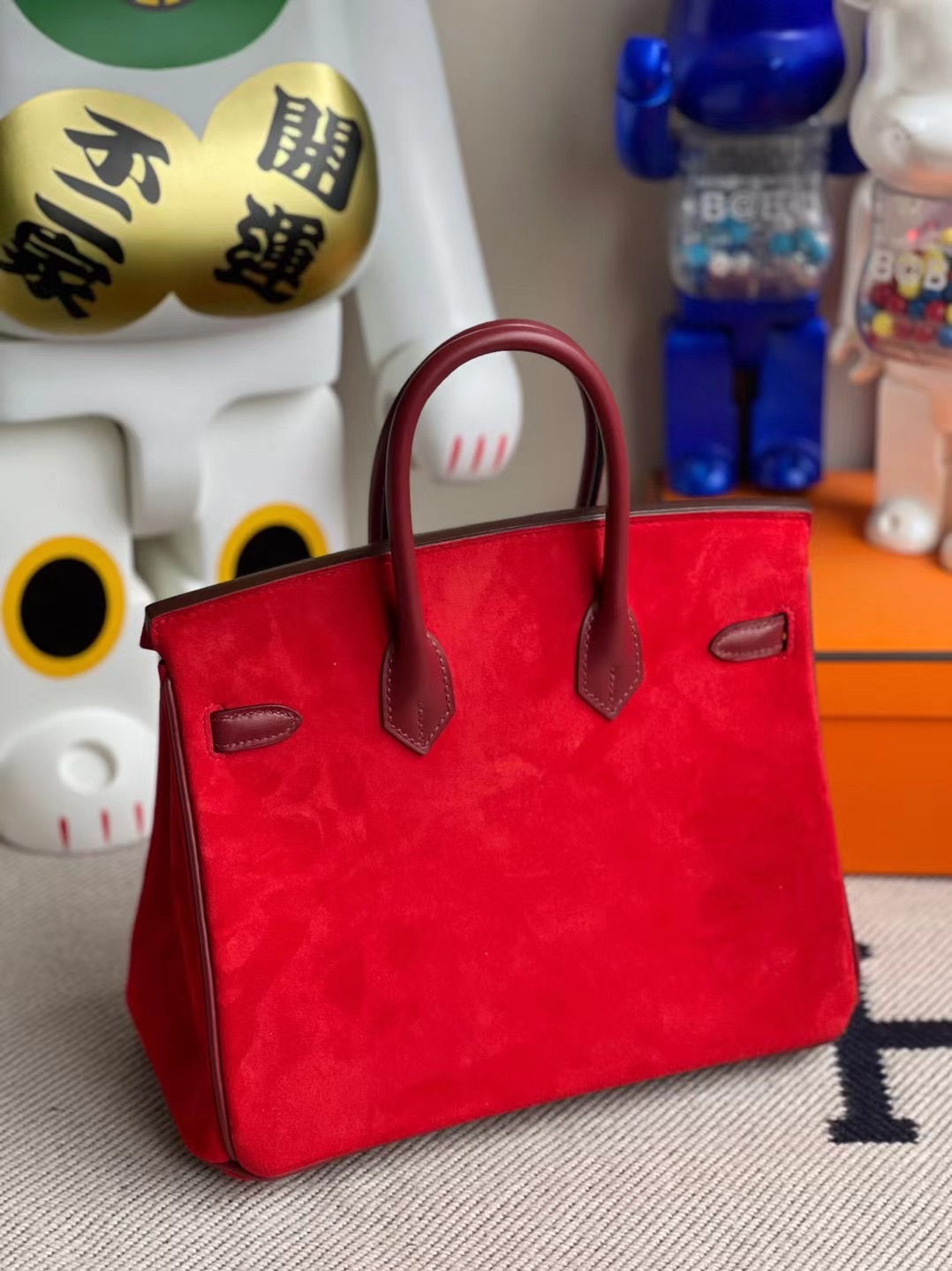 Hermes Birkin 25 Doblis Suede麂皮S3 Rose de course心紅色 拼 box 55 Rouge H 愛馬仕紅