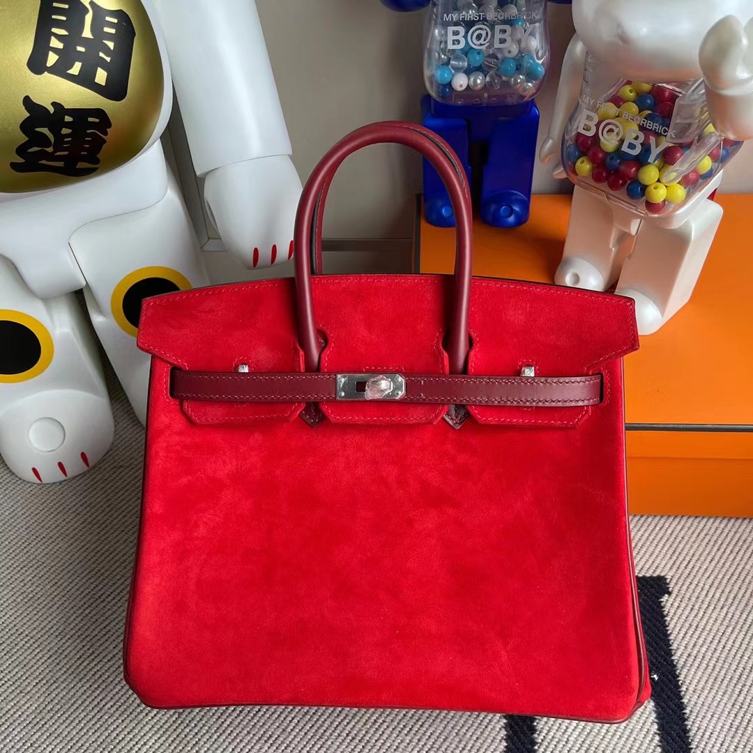 Hermes Birkin 25 Doblis Suede麂皮S3 Rose de course心紅色 拼 box 55 Rouge H 愛馬仕紅