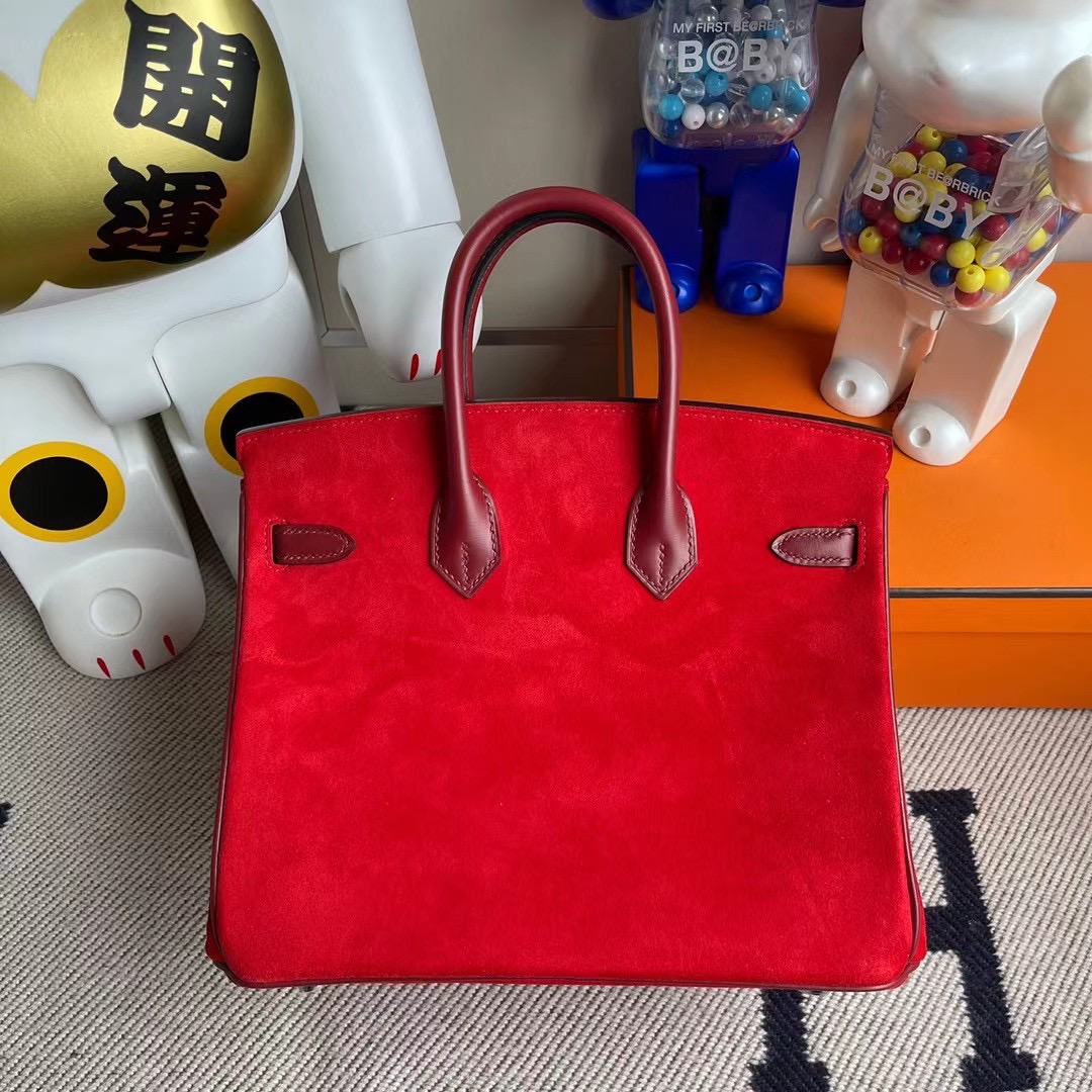 Hermes Birkin 25 Doblis Suede麂皮S3 Rose de course心紅色 拼 box 55 Rouge H 愛馬仕紅