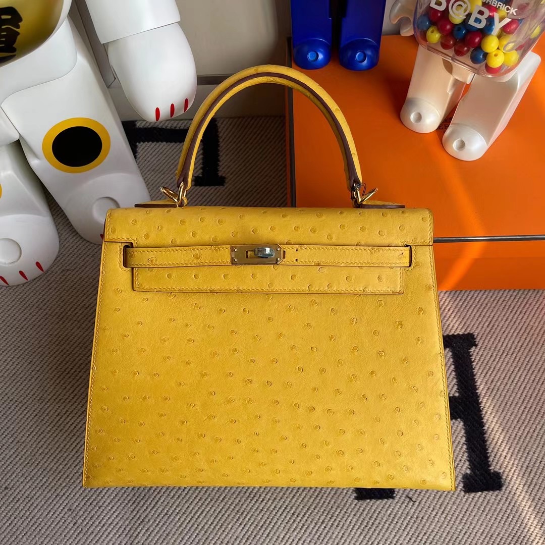 Hermes Kelly 25cm Ostrich 9D Jaune Amber 琥珀黃 全手工縫製蜜蠟線縫製