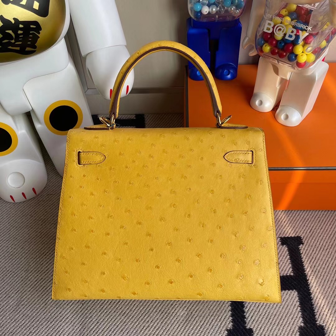 Hermes Kelly 25cm Ostrich 9D Jaune Amber 琥珀黃 全手工縫製蜜蠟線縫製