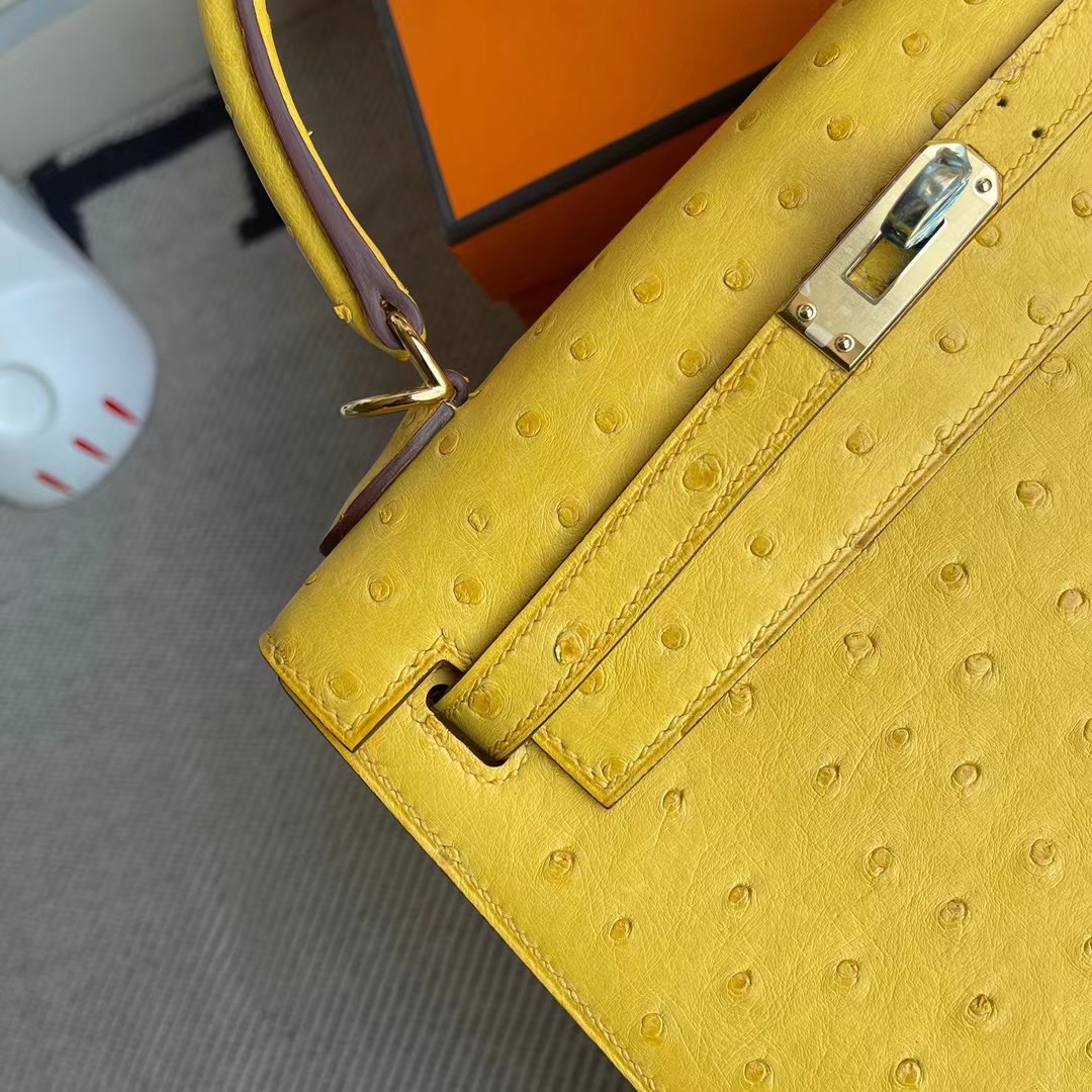 Hermes Kelly 25cm Ostrich 9D Jaune Amber 琥珀黃 全手工縫製蜜蠟線縫製