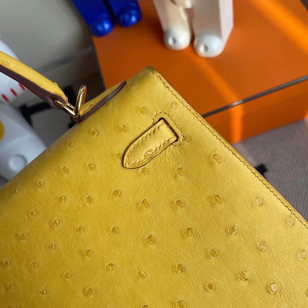 Hermes Kelly 25cm Ostrich 9D Jaune Amber 琥珀黃 全手工縫製蜜蠟線縫製