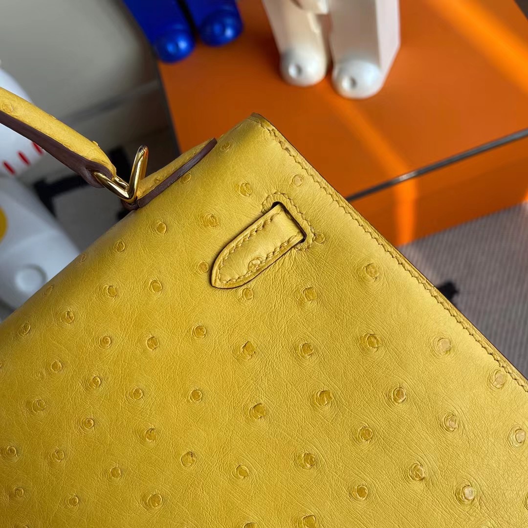 Hermes Kelly 25cm Ostrich 9D Jaune Amber 琥珀黃 全手工縫製蜜蠟線縫製