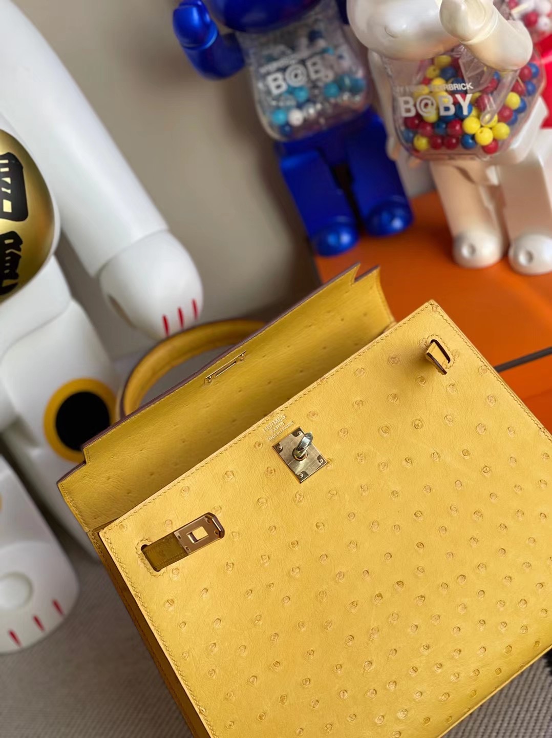 Hermes Kelly 25cm Ostrich 9D Jaune Amber 琥珀黃 全手工縫製蜜蠟線縫製