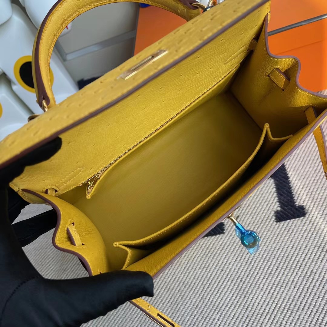 Hermes Kelly 25cm Ostrich 9D Jaune Amber 琥珀黃 全手工縫製蜜蠟線縫製