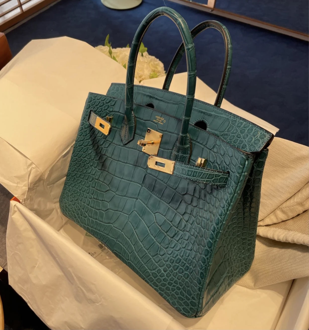 香港西貢區坑口愛馬仕鉑金包 Hermes Birkin 30 霧面美洲鱷魚 1P Blue Colvert 鴨子藍