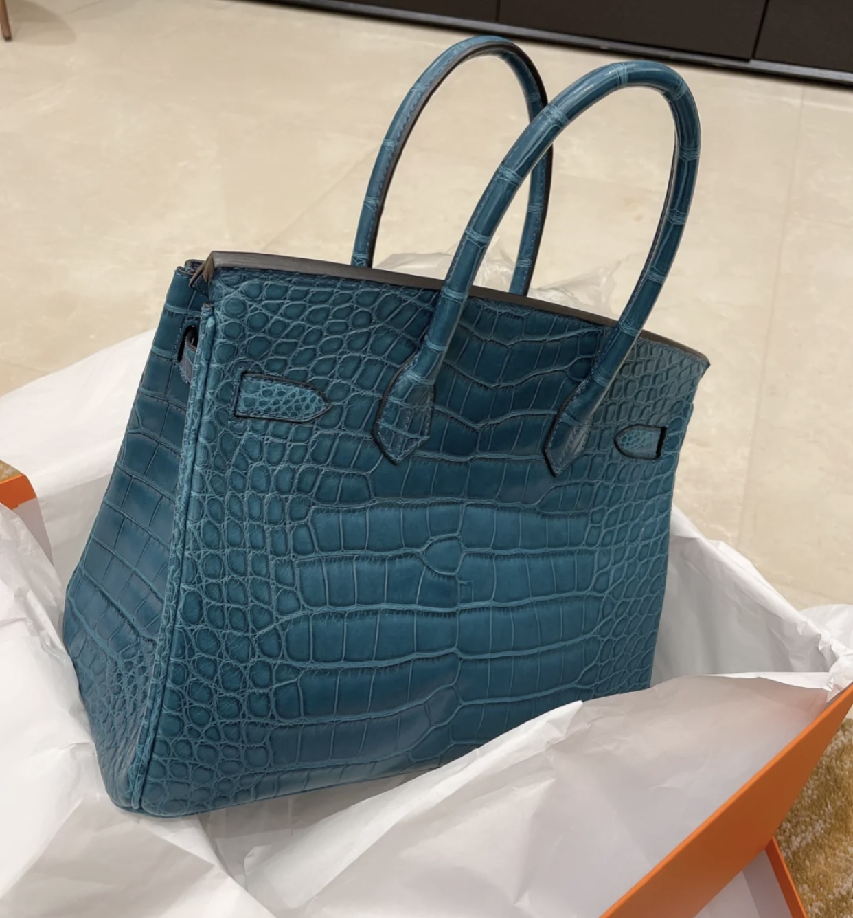 香港西貢區坑口愛馬仕鉑金包 Hermes Birkin 30 霧面美洲鱷魚 1P Blue Colvert 鴨子藍