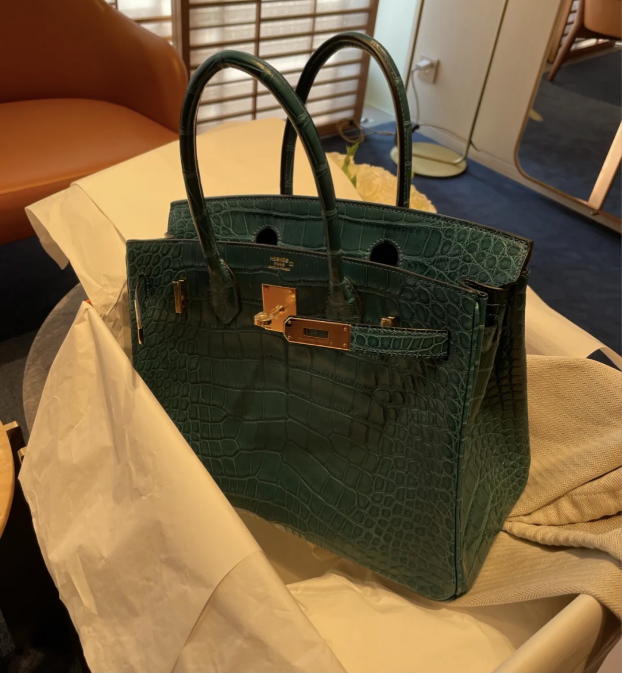 香港西貢區坑口愛馬仕鉑金包 Hermes Birkin 30 霧面美洲鱷魚 1P Blue Colvert 鴨子藍