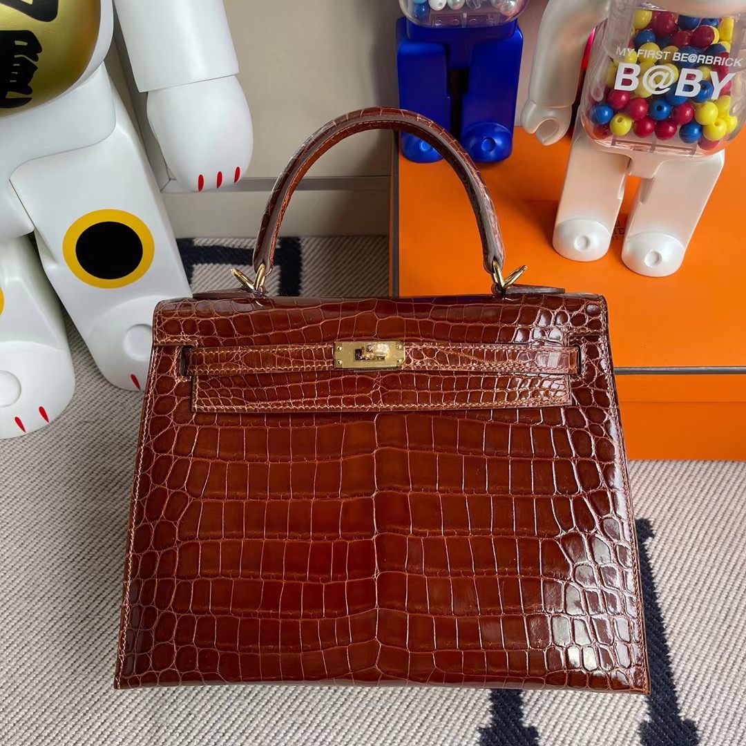 Hermes Kelly 25cm 亮面尼羅鱷魚 31 Miel 蜜糖棕 全手工蜜蠟線縫製 金扣