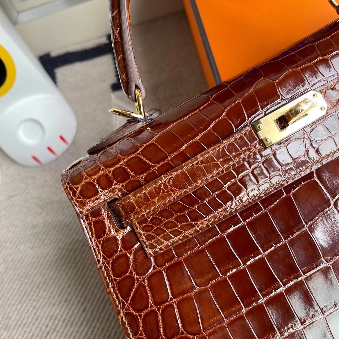 Hermes Kelly 25cm 亮面尼羅鱷魚 31 Miel 蜜糖棕 全手工蜜蠟線縫製 金扣