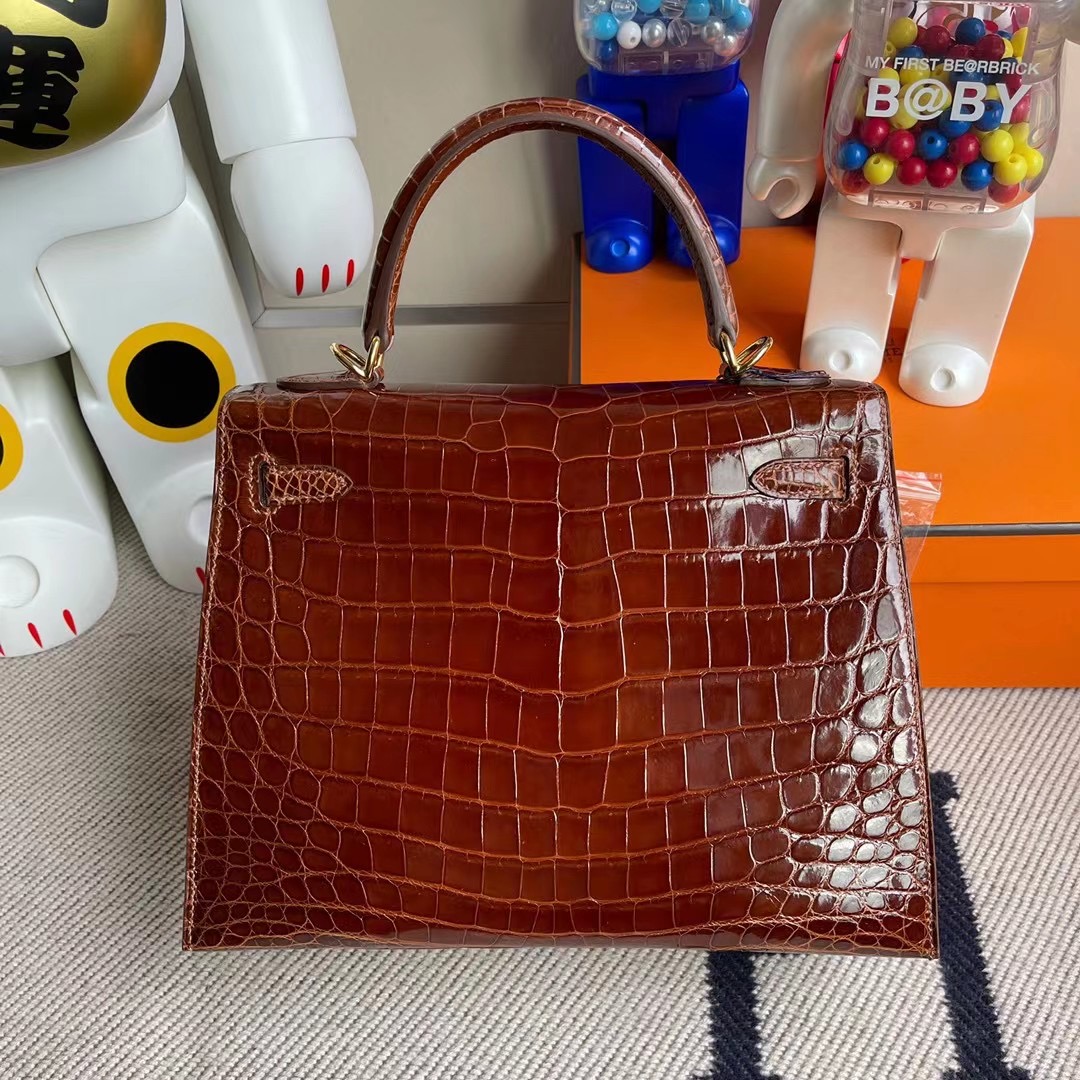 Hermes Kelly 25cm 亮面尼羅鱷魚 31 Miel 蜜糖棕 全手工蜜蠟線縫製 金扣