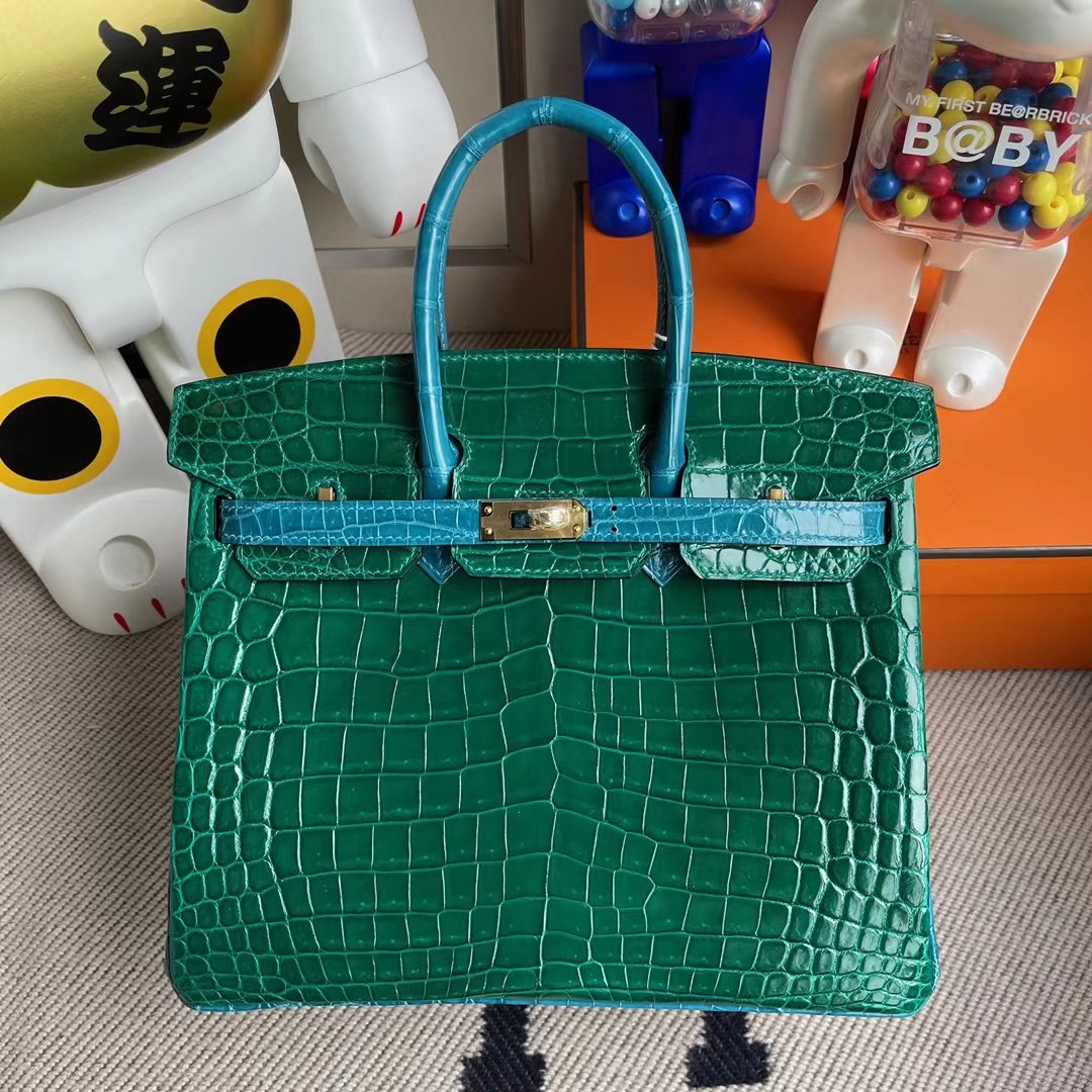 愛馬仕鉑金包定製 Hermes HSS Birkin 25 尼羅鱷魚 6Q 翡翠綠 7W 伊茲密爾藍