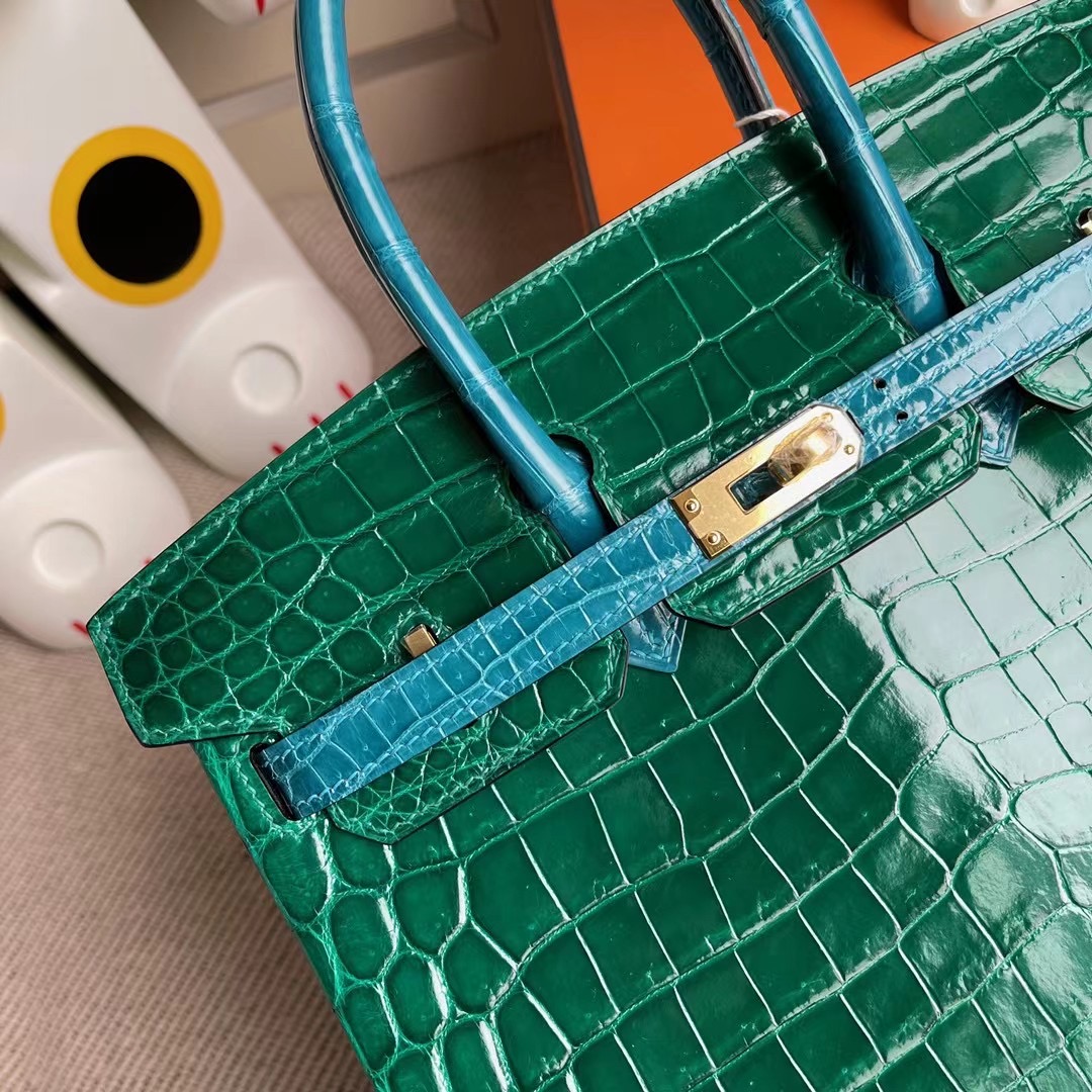 愛馬仕鉑金包定製 Hermes HSS Birkin 25 尼羅鱷魚 6Q 翡翠綠 7W 伊茲密爾藍