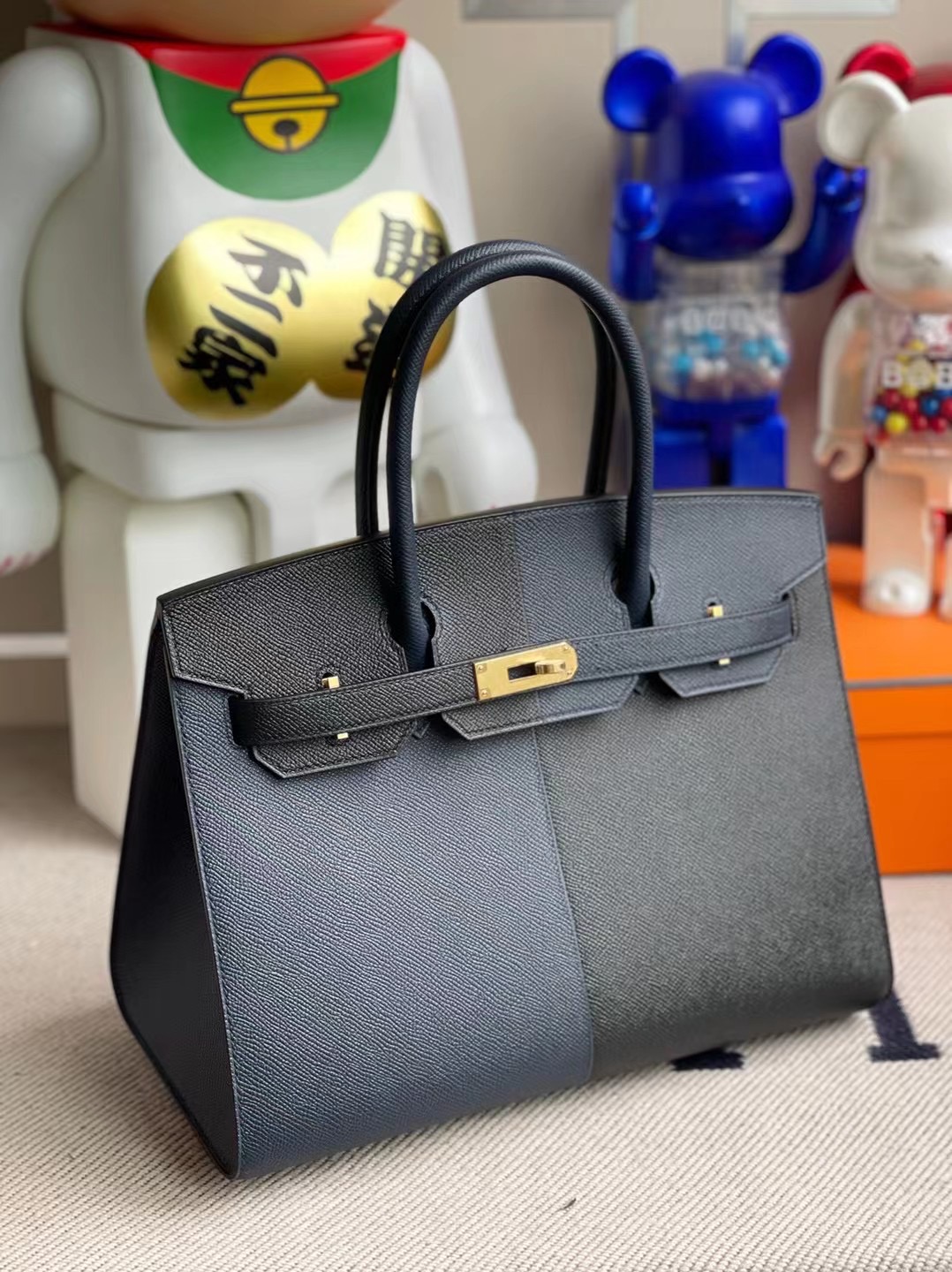 Hermes Birkin 30cm 外縫三拼色 89 Noir 2Z Blue Nuit 午夜藍 內拼 B3 坦桑尼亞藍 金扣