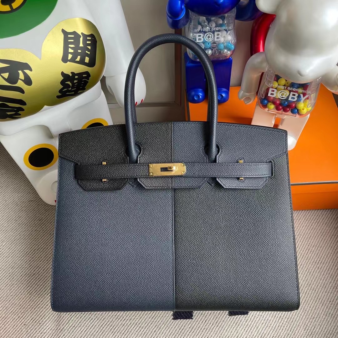 Hermes Birkin 30cm 外縫三拼色 89 Noir 2Z Blue Nuit 午夜藍 內拼 B3 坦桑尼亞藍 金扣