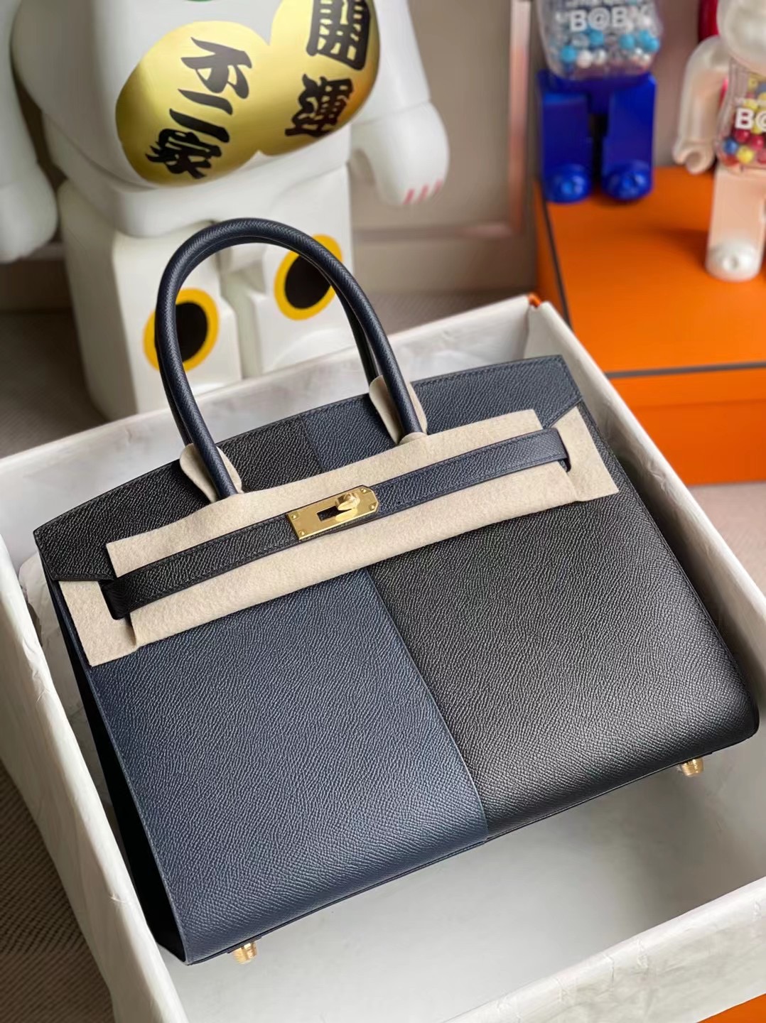 Hermes Birkin 30cm 外縫三拼色 89 Noir 2Z Blue Nuit 午夜藍 內拼 B3 坦桑尼亞藍 金扣