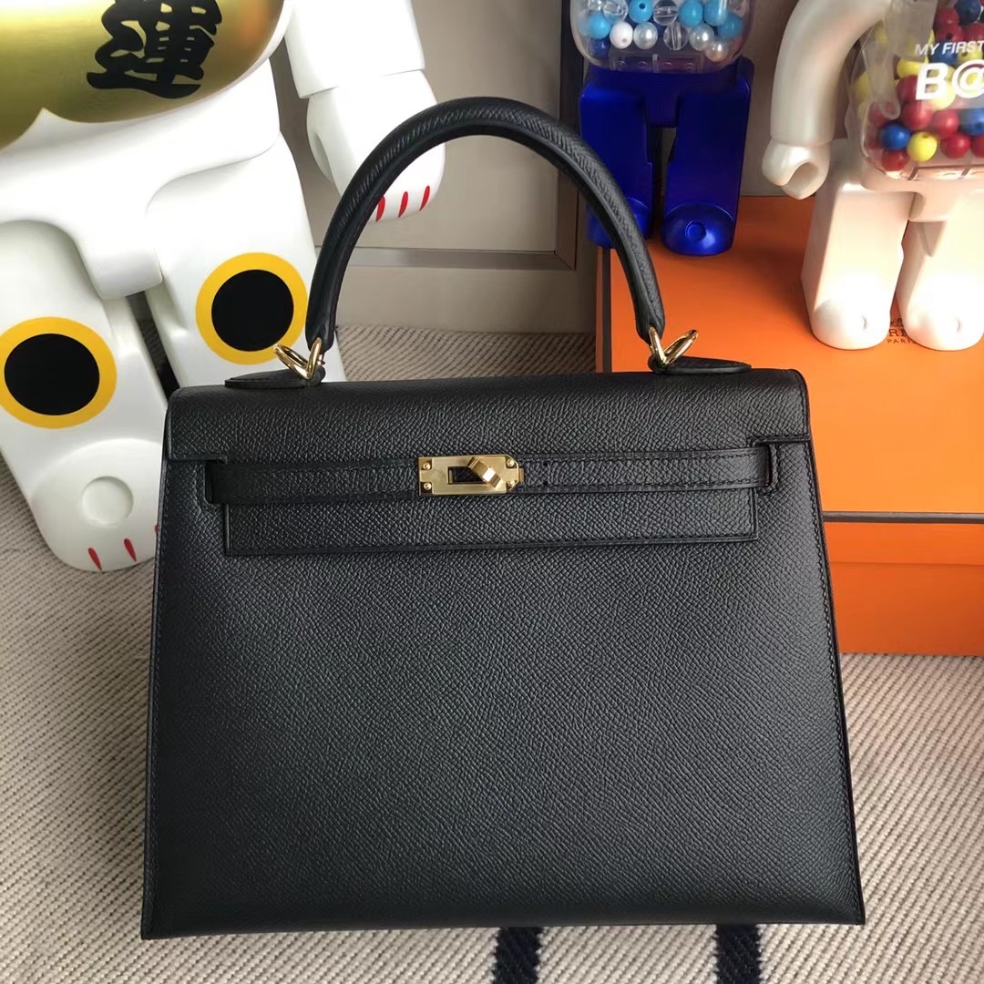 Qatar Doha Hermes Kelly 25cm Epsom CC89 Noir 黑色 全手工蜜蠟線縫 金扣