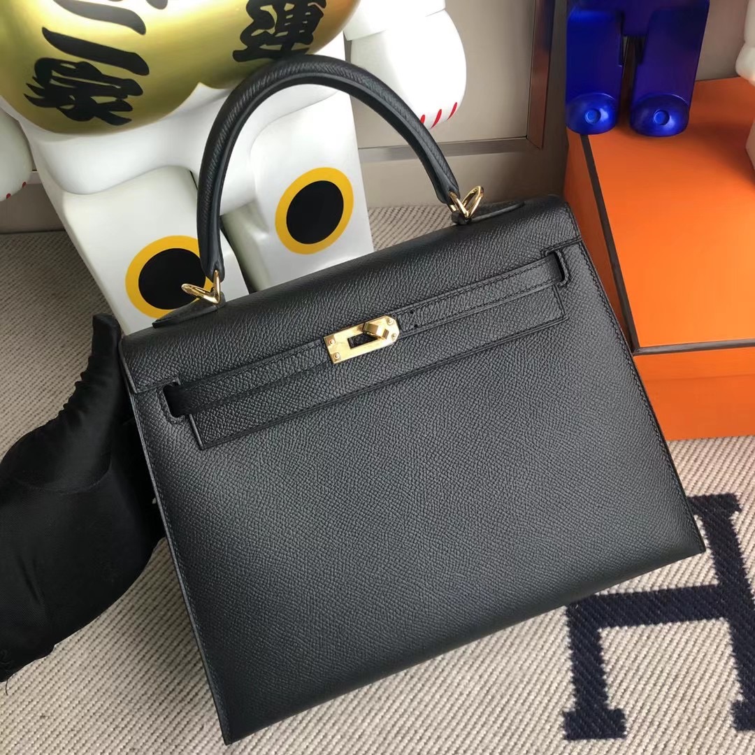 Qatar Doha Hermes Kelly 25cm Epsom CC89 Noir 黑色 全手工蜜蠟線縫 金扣