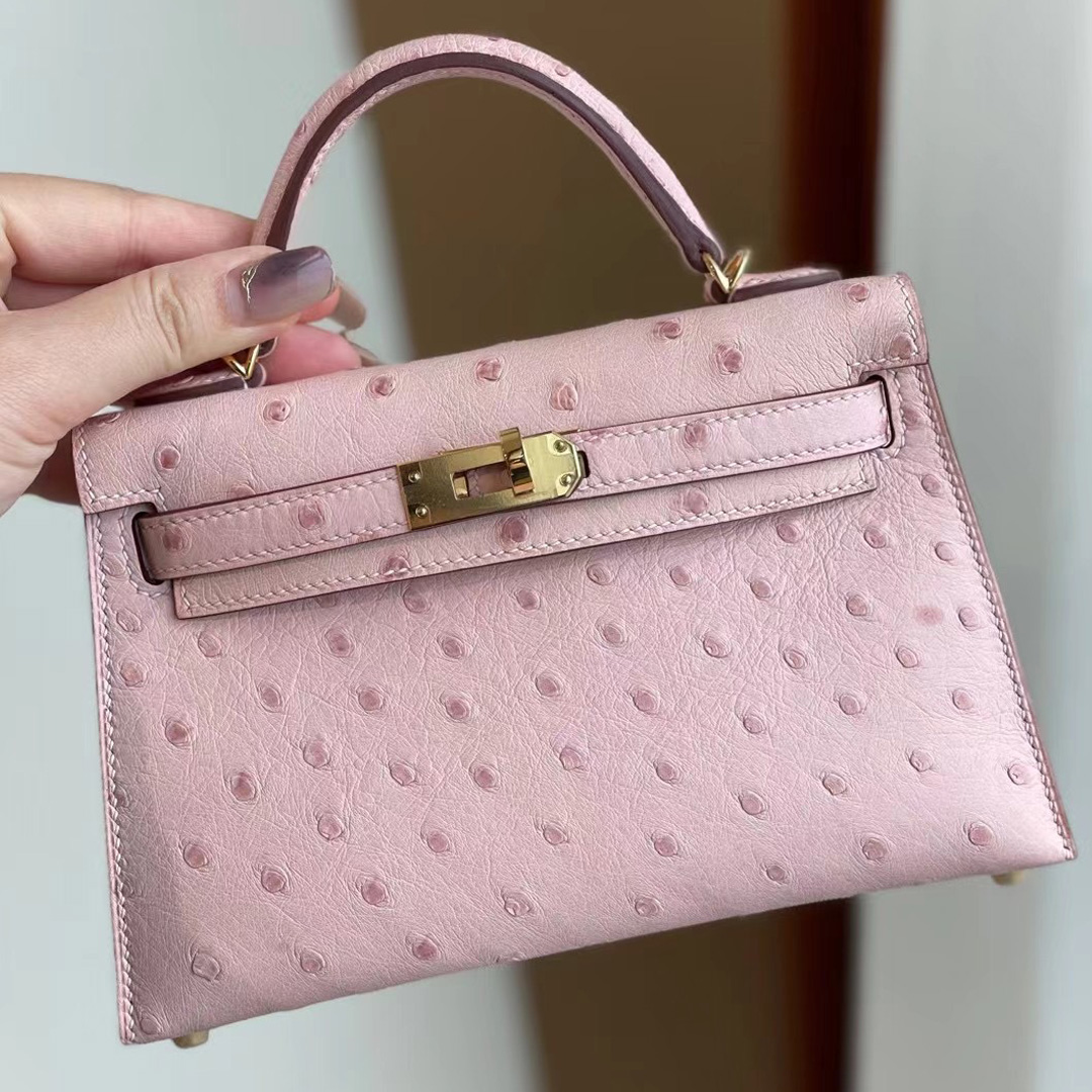 Hermes Kelly Mini II 3Q Rose Sakura 新粉色 Ostrich 全手工蜜蠟線縫製