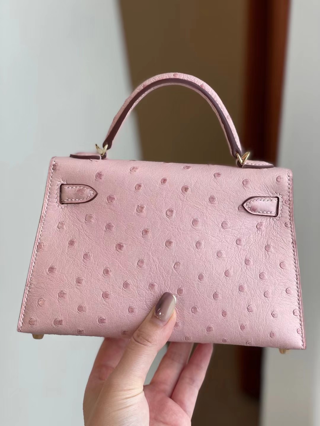 Hermes Kelly Mini II 3Q Rose Sakura 新粉色 Ostrich 全手工蜜蠟線縫製