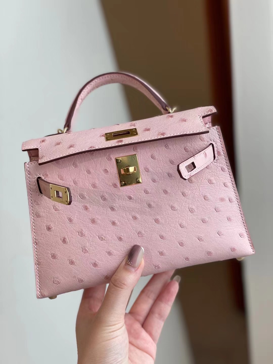 Hermes Kelly Mini II 3Q Rose Sakura 新粉色 Ostrich 全手工蜜蠟線縫製