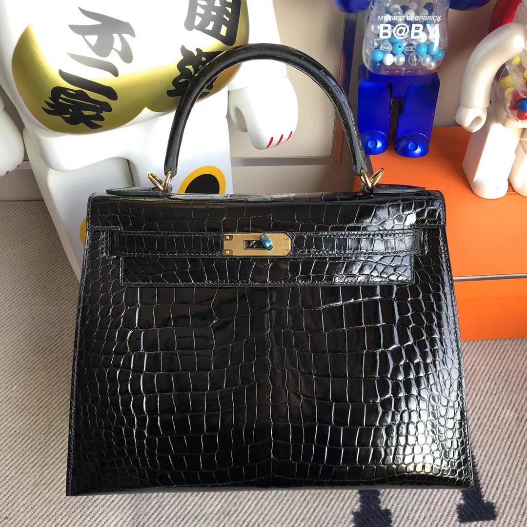 廣州愛馬仕凱莉包 Hermes Kelly 28cm 亮面倒V澳洲灣鱷 CK 89黑色 Black