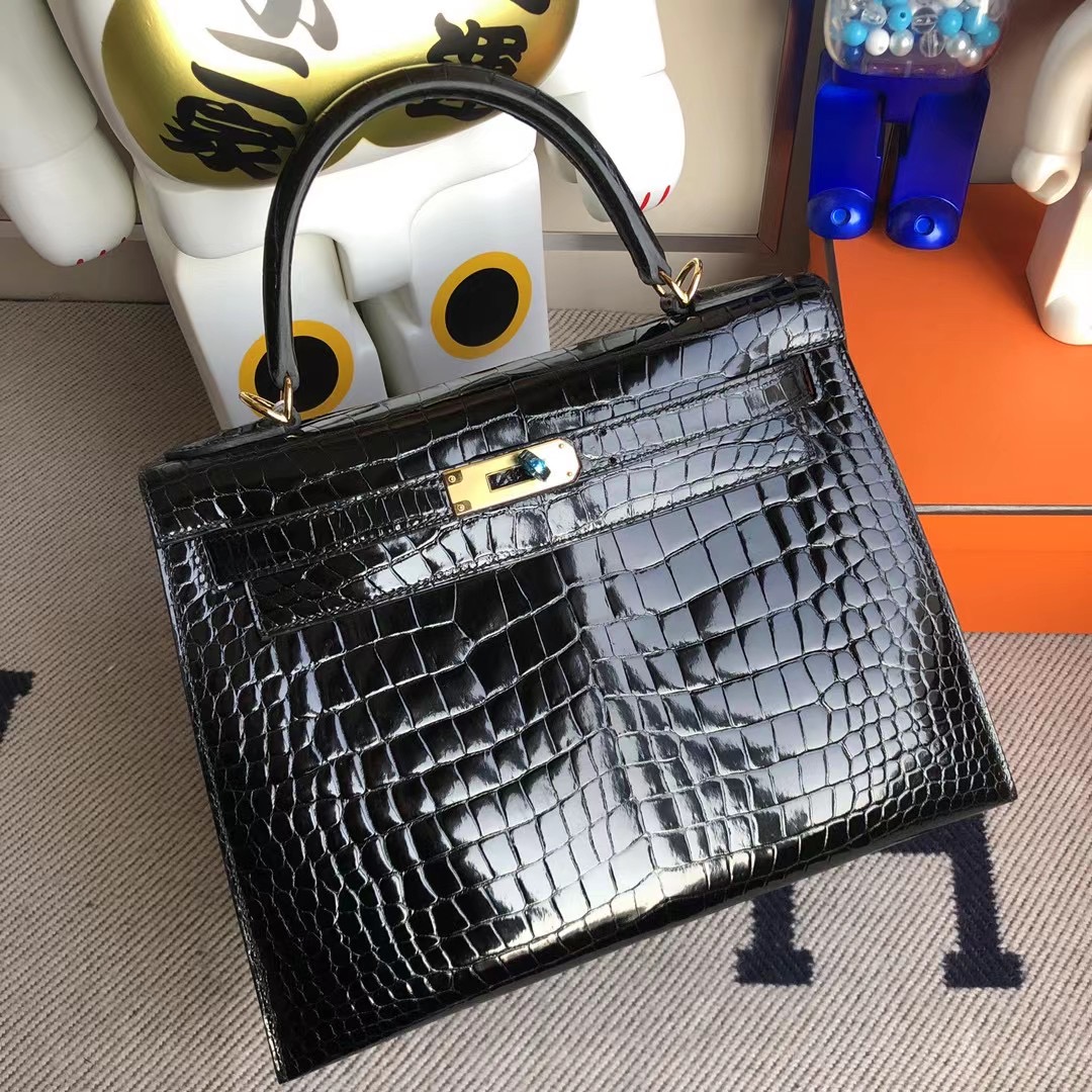 廣州愛馬仕凱莉包 Hermes Kelly 28cm 亮面倒V澳洲灣鱷 CK 89黑色 Black