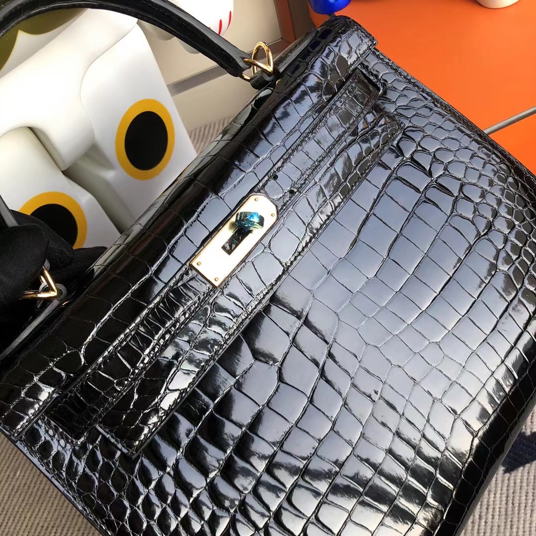 廣州愛馬仕凱莉包 Hermes Kelly 28cm 亮面倒V澳洲灣鱷 CK 89黑色 Black