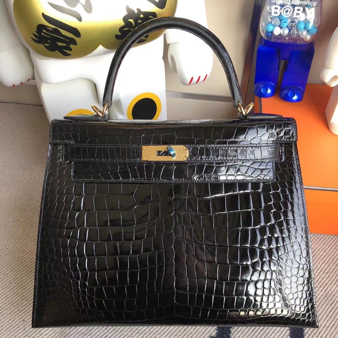 廣州愛馬仕凱莉包 Hermes Kelly 28cm 亮面倒V澳洲灣鱷 CK 89黑色 Black