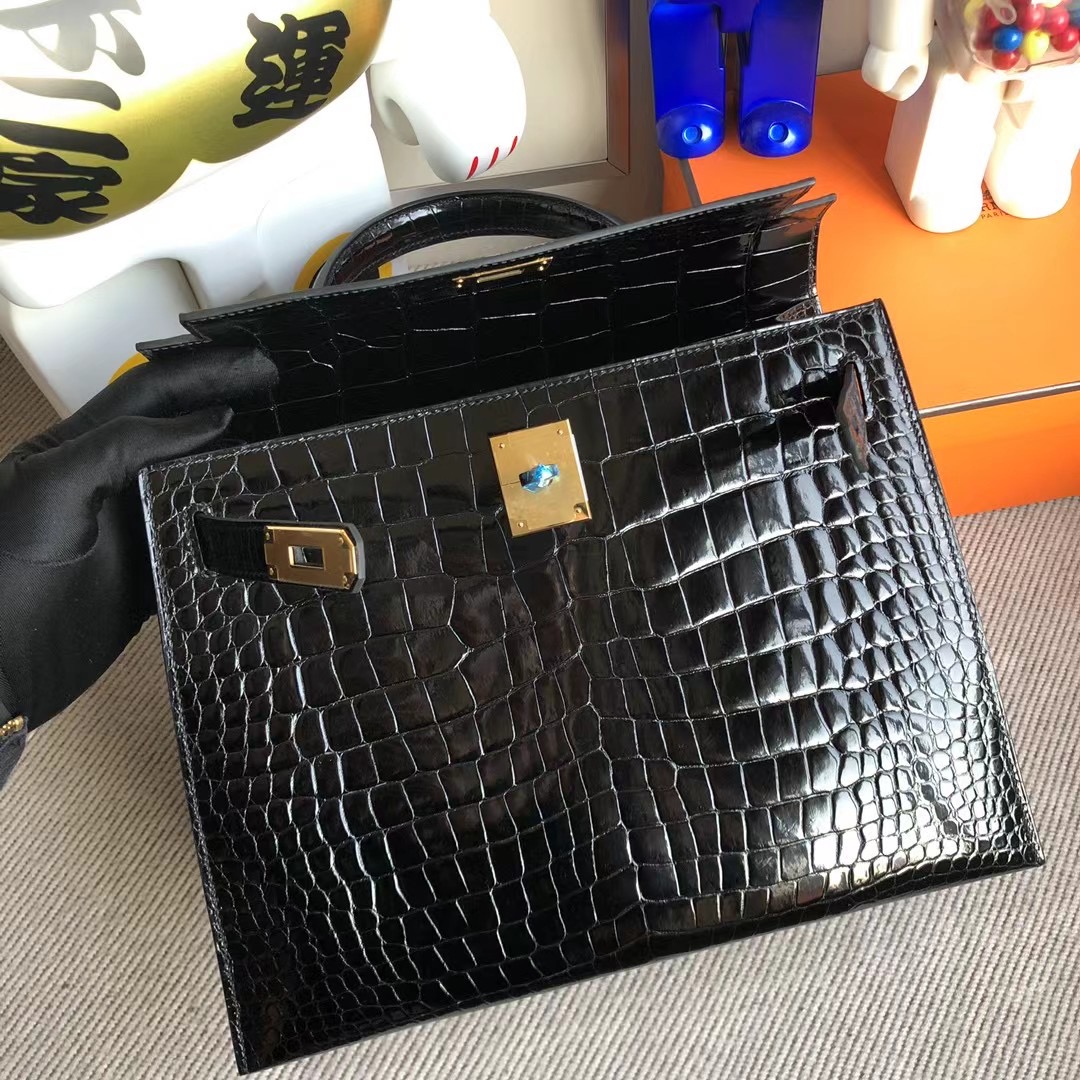 廣州愛馬仕凱莉包 Hermes Kelly 28cm 亮面倒V澳洲灣鱷 CK 89黑色 Black