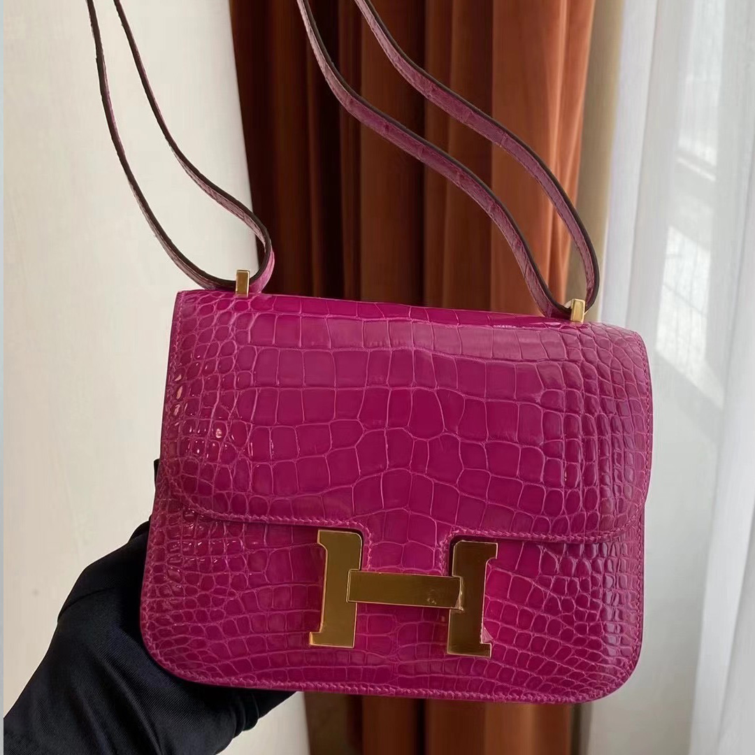 Hermes Constance 19cm J5 天方夜譚粉紫 Rose sheheraradez 亮面美洲鱷魚金扣