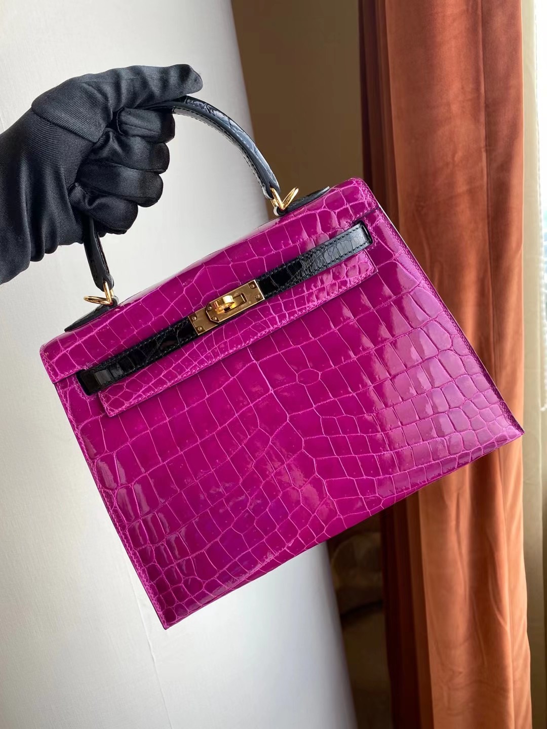 Hermes Kelly 25cm J5 天方夜譚粉紫 Rose Sheheraradez 89 Noir 黑色 尼羅鱷魚