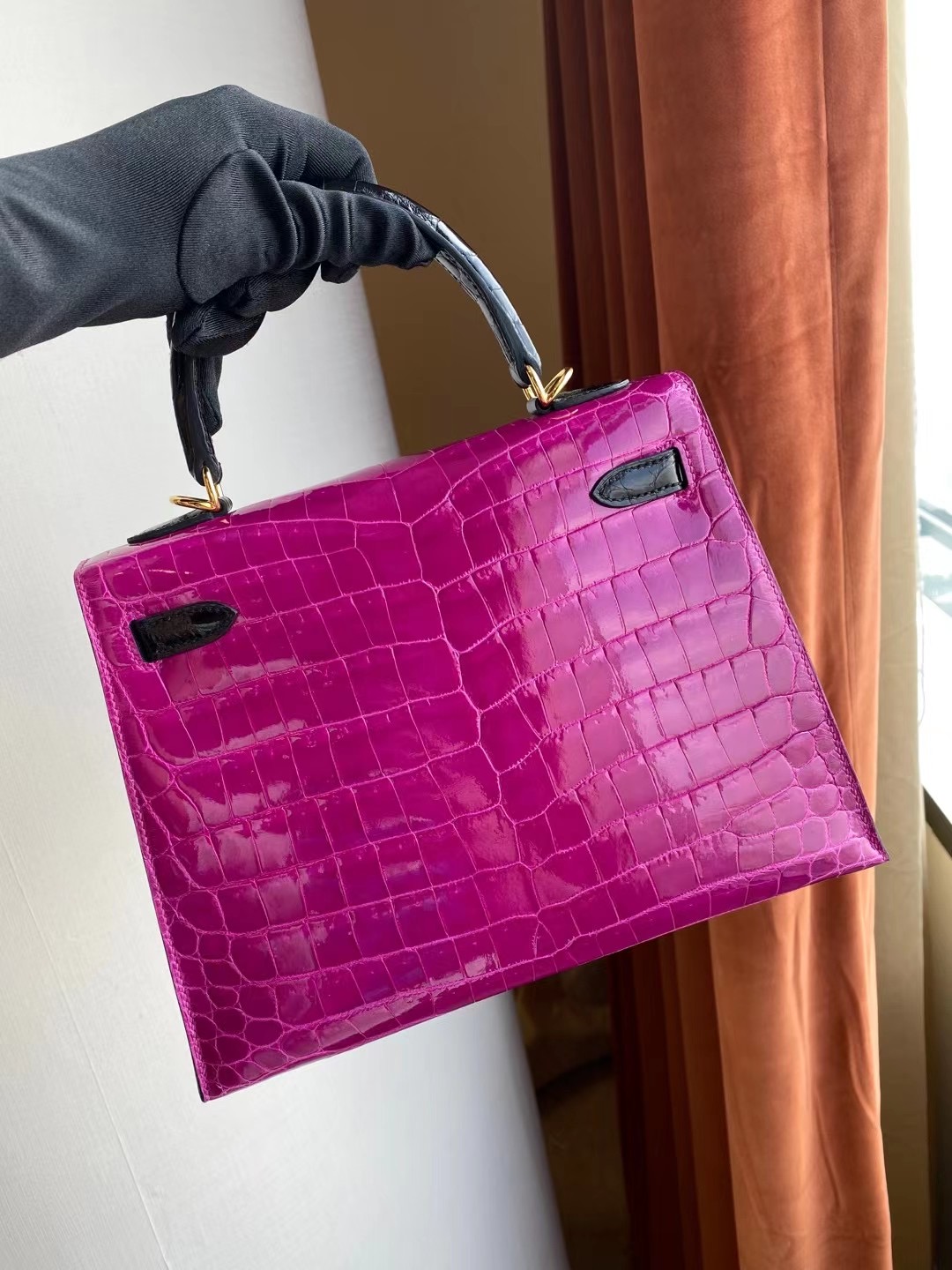 Hermes Kelly 25cm J5 天方夜譚粉紫 Rose Sheheraradez 89 Noir 黑色 尼羅鱷魚