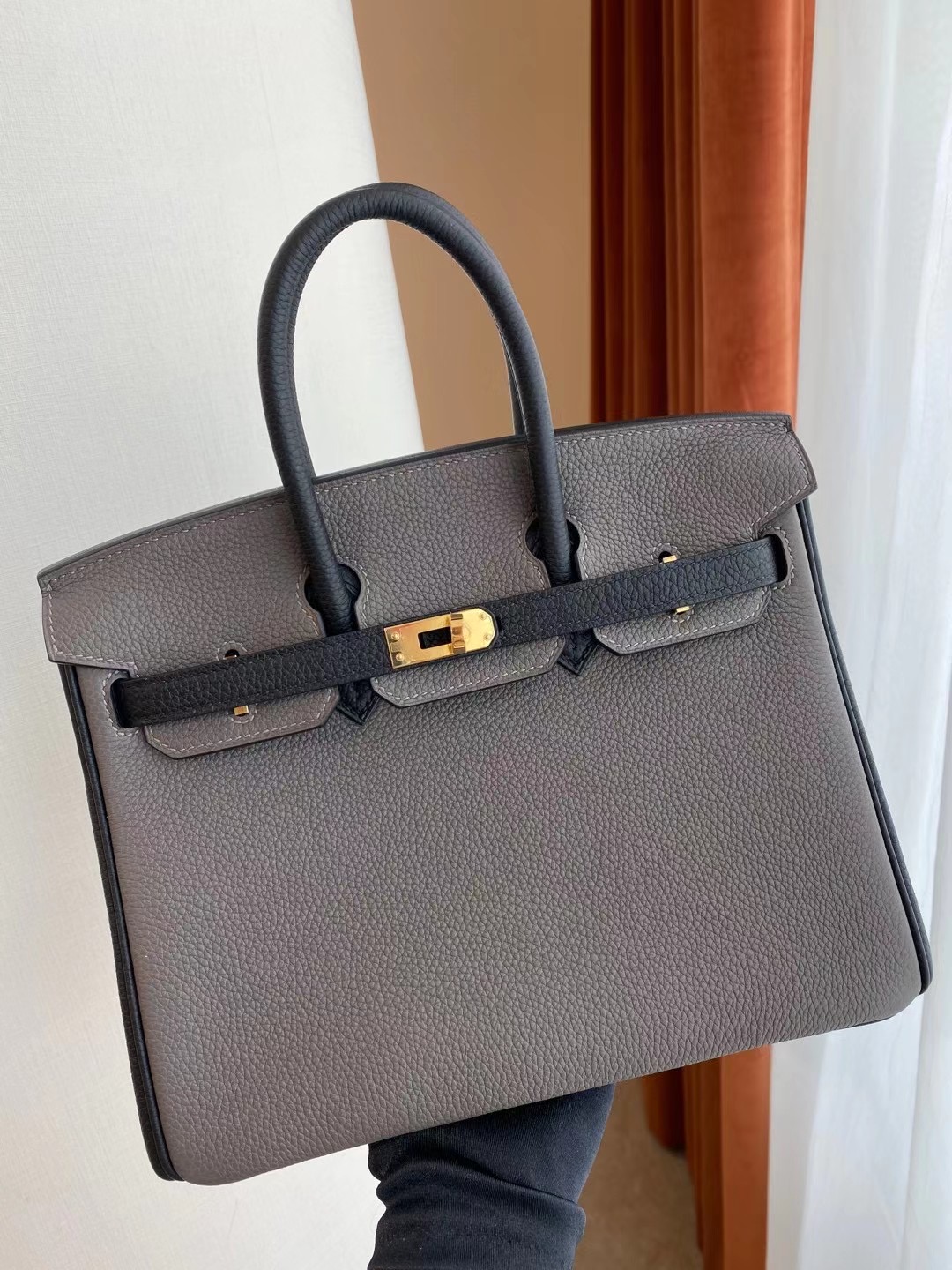 Hermes Birkin 25cm Togo Hss 8F Etain 錫器灰 拼 89 Noir 黑色 金扣 全手工蜜蠟線縫製