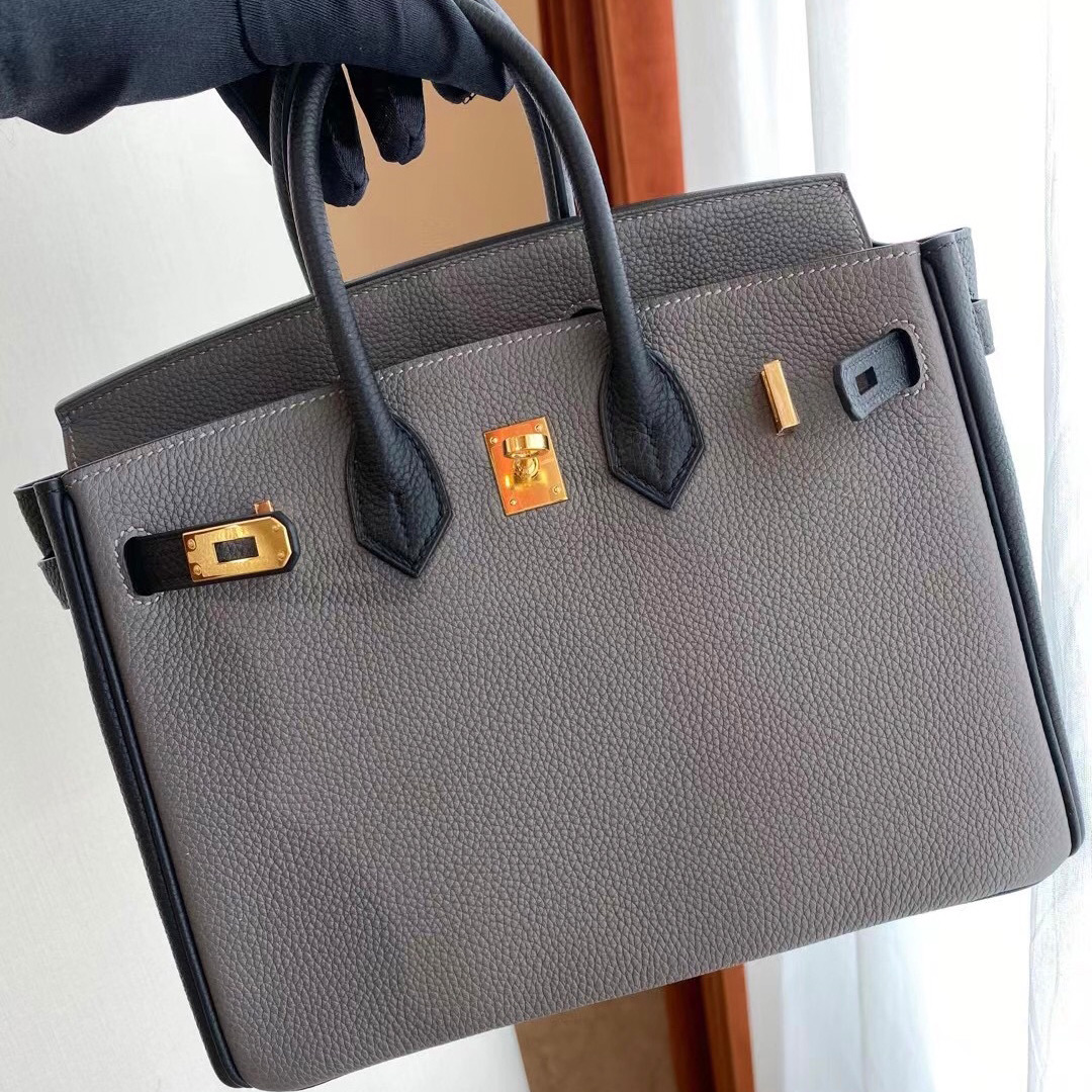 Hermes Birkin 25cm Togo Hss 8F Etain 錫器灰 拼 89 Noir 黑色 金扣 全手工蜜蠟線縫製