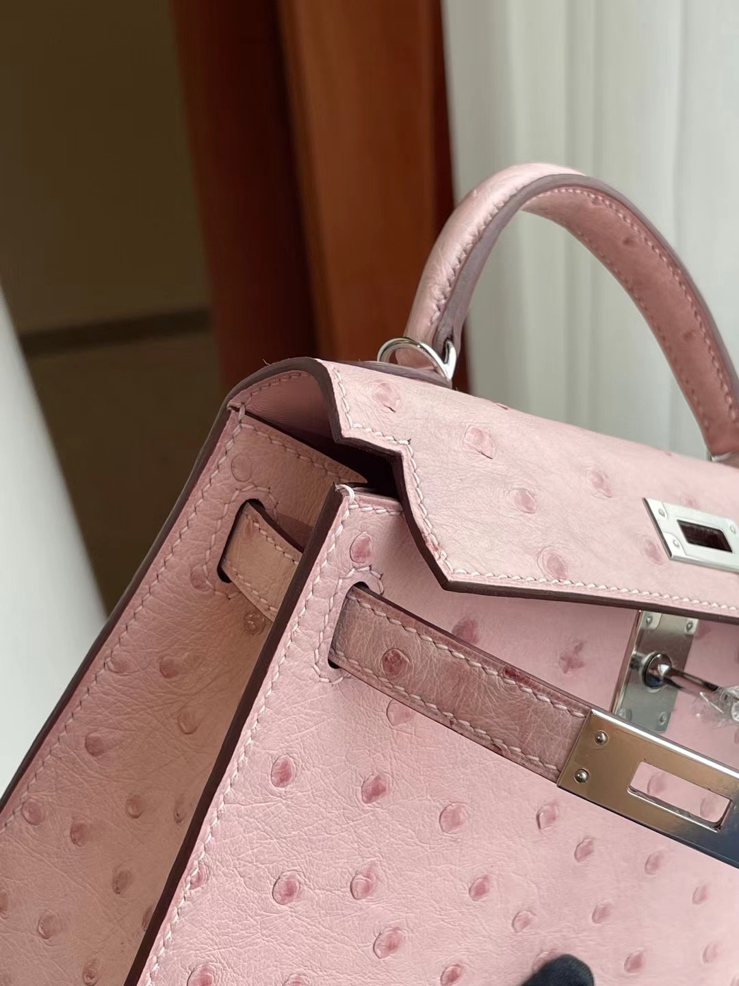 臺灣新竹市 Hermes Kelly Mini II 2代 Ostrich 3Q Rose Sakura 櫻花粉 銀扣