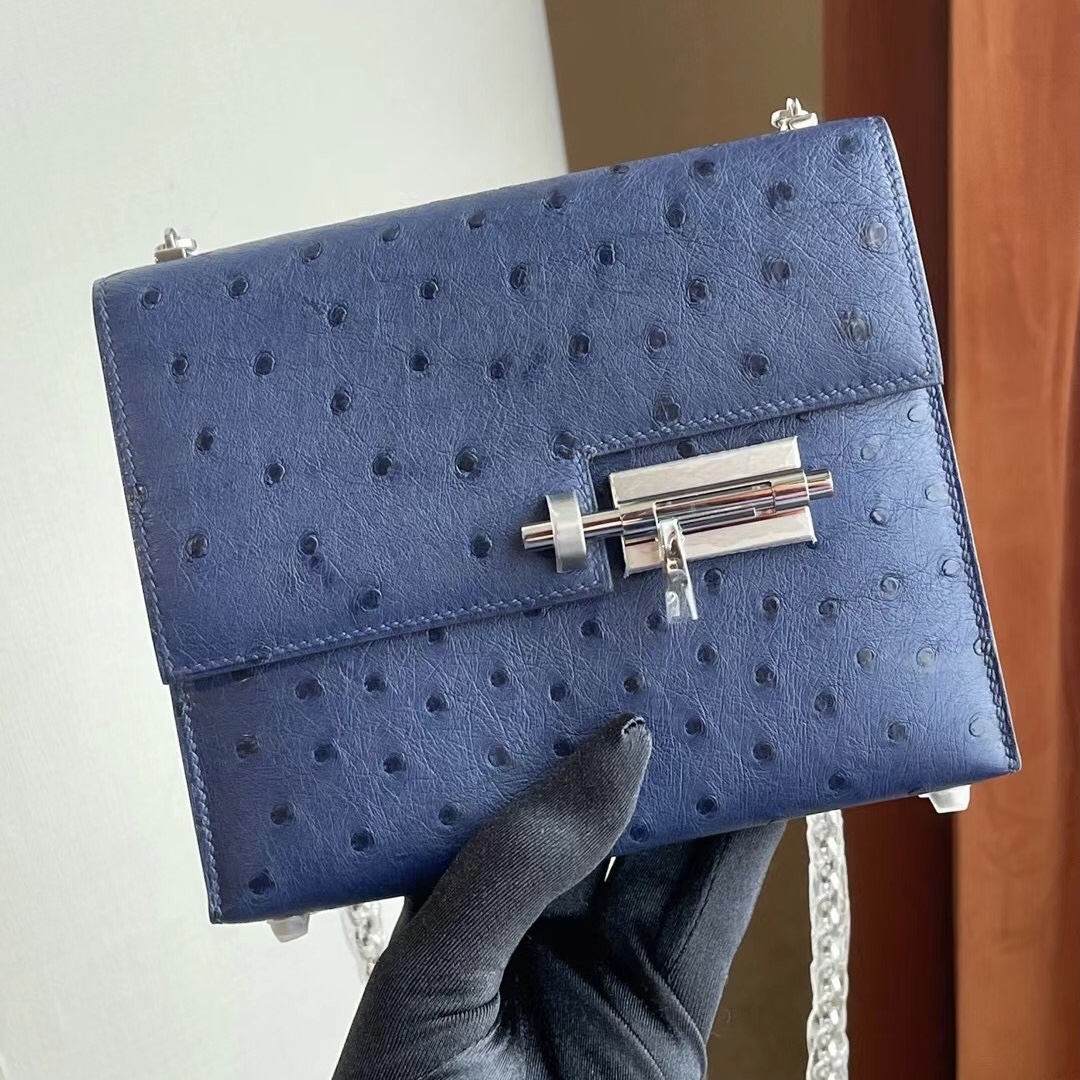 Hermes Verrou Mini Ostrich 7L Blue de 馬耳他藍 南非鴕鳥皮 全手工蜜蠟線縫 銀扣