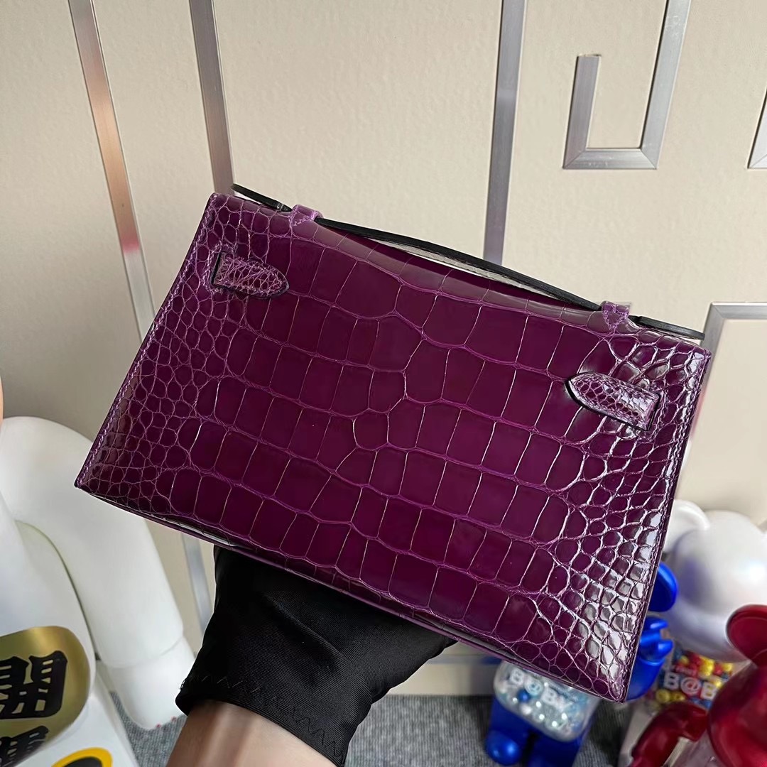 Hermes MiniKelly Pochette N5 Cassis 黑加侖 加侖紫 亮面美洲鱷魚