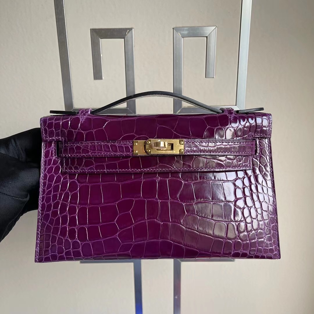 Hermes MiniKelly Pochette N5 Cassis 黑加侖 加侖紫 亮面美洲鱷魚