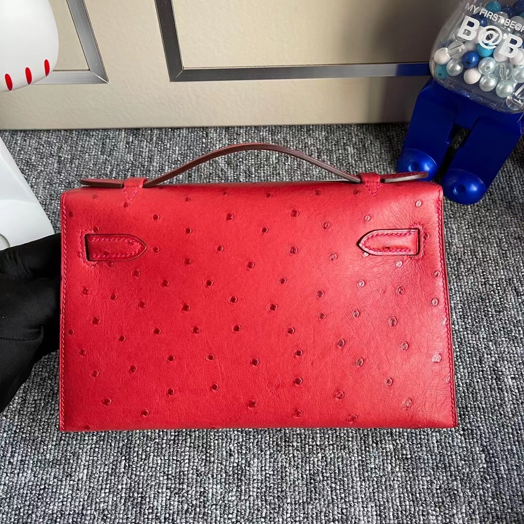 臺灣桃園市大園區 Hermes MiniKelly Pochette Ostrich Q5 Rose casaque 國旗紅