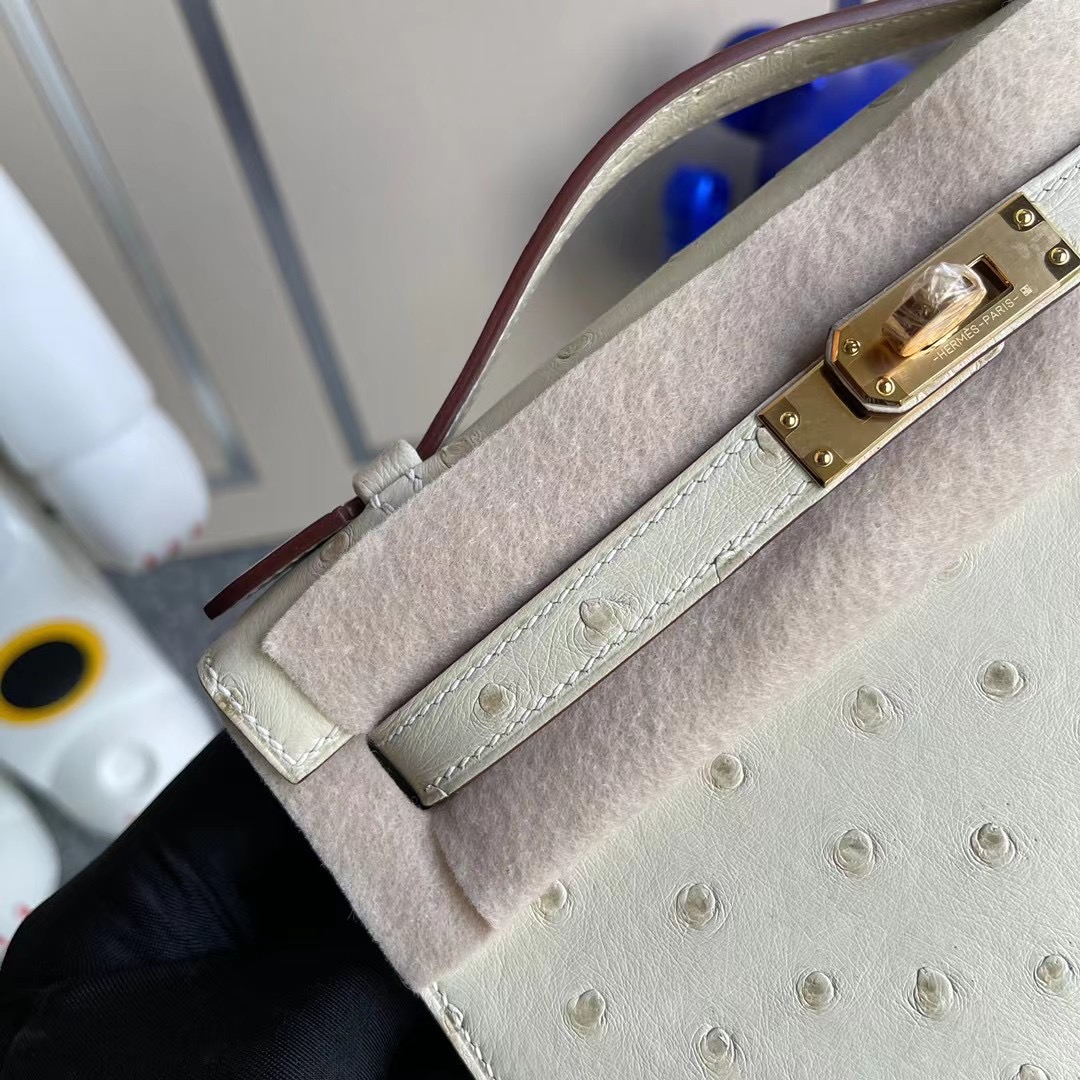 Hermes MiniKelly Pochette Ostrich 3C Parchemin 羊毛白 全手工蜜蠟線縫製 金扣