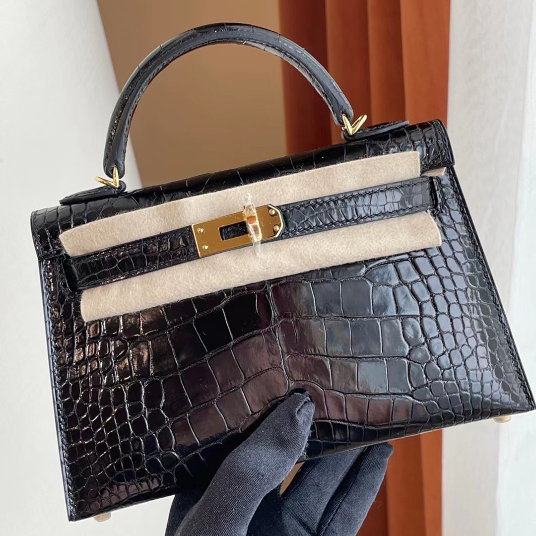 臺灣桃園市桃園區 Hermes Kelly mini II CC89 Noir 黑色 亮面美洲鱷魚金扣