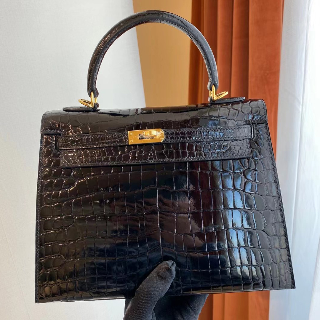 臺灣臺中市北屯區 Hermes Kelly 25cm CC89 Noir 黑色 亮面兩點 尼羅鱷魚